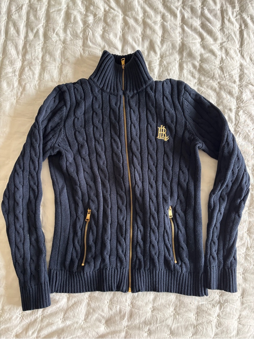 Ralph Lauren Navy Cable-Knit Zip-Up Cardigan with Gold Hardware